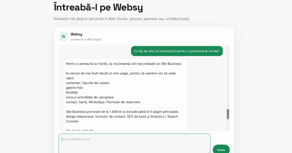 Websy, asistent virtual AI integrat în site-ul A.Web Studio