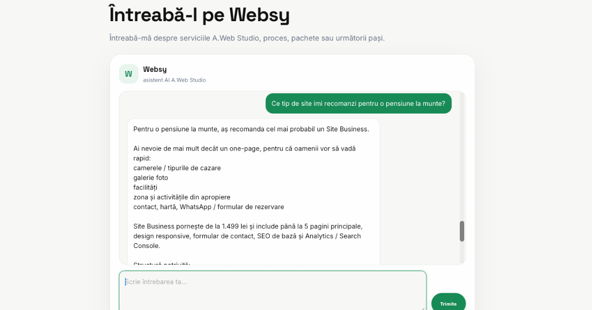 Websy, asistent virtual AI integrat în site-ul A.Web Studio